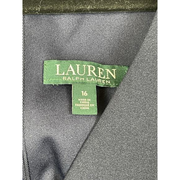 Ralph Lauren Crepe Sleeveless Dress Navy Blue Midi Gold Plated Logo Size 16 - Picture 4 of 16